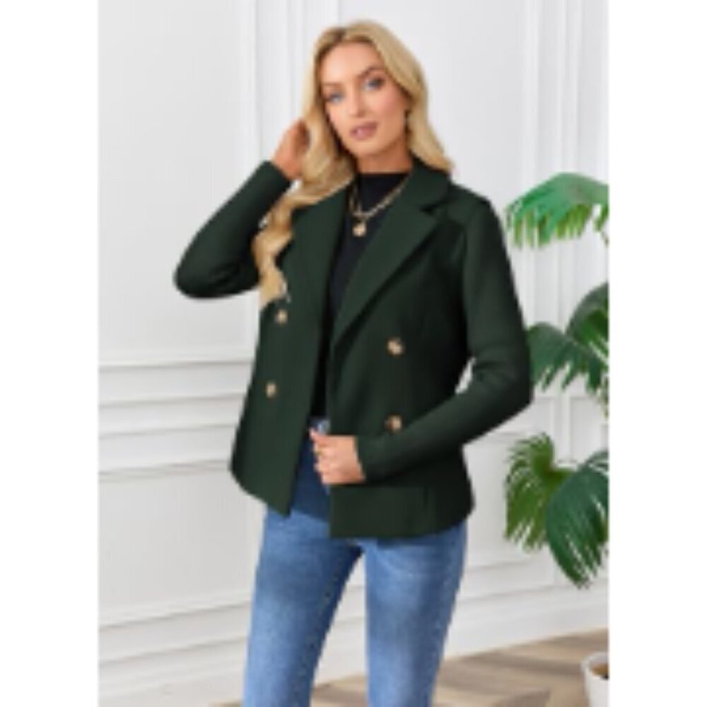 Double Breasted Wool Pea Coat Notched Lapel Ribbed Knit Sleeves Blazer - Picture 3 of 7
